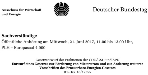 Sachverständiger für MieterstromGesetz im Wirtschaftsausschuss des deutschen Bundestags